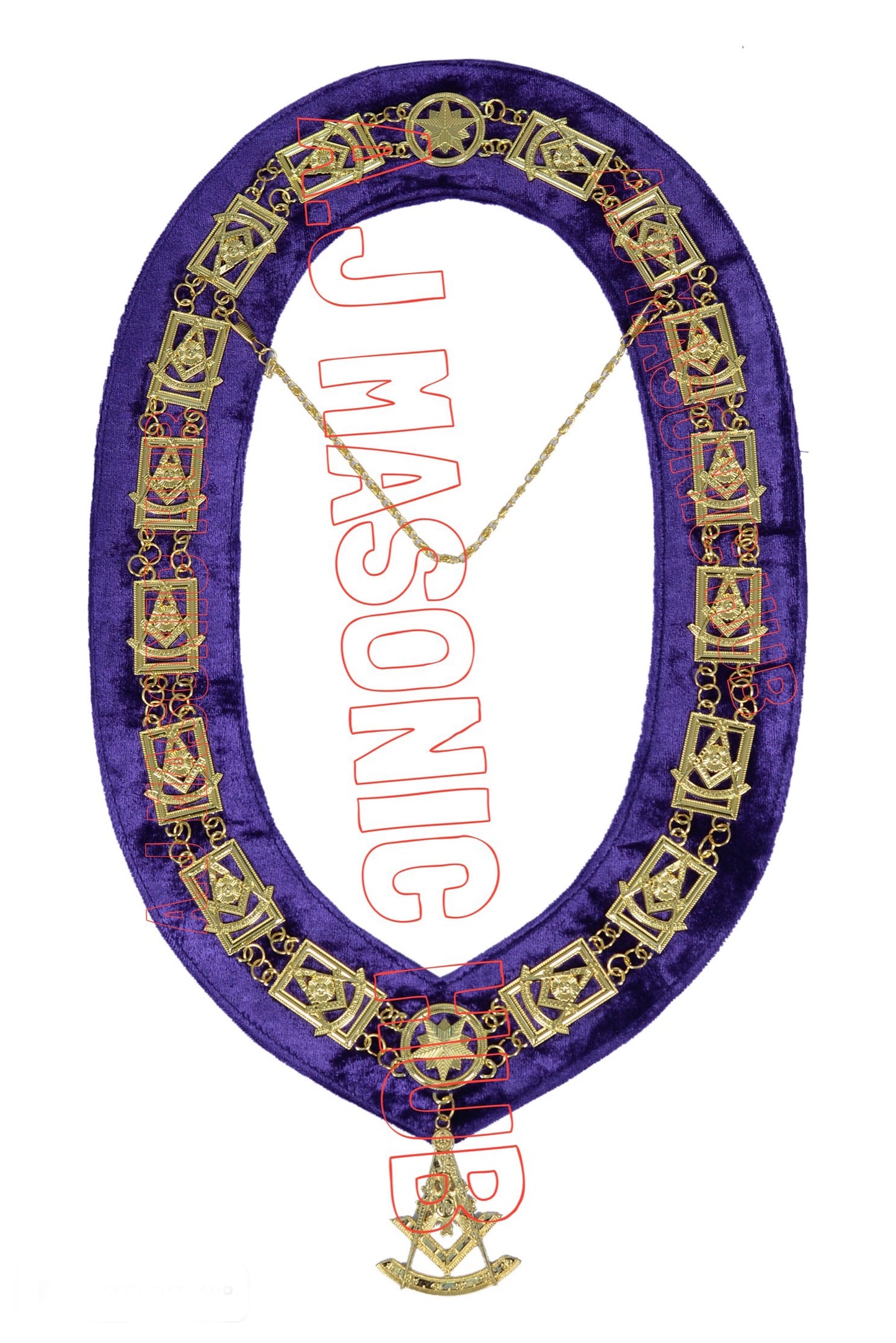 Masonic Past Master Metal Chain Collar – Gold Plated with Purple Velvet Backing + FREE Jewel