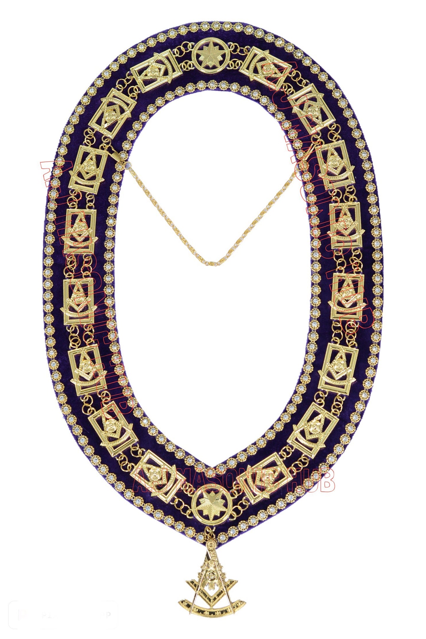 Masonic Past Master Chain Collar & Purple Velvet w/ Rhinestone Trim - Free Jewel