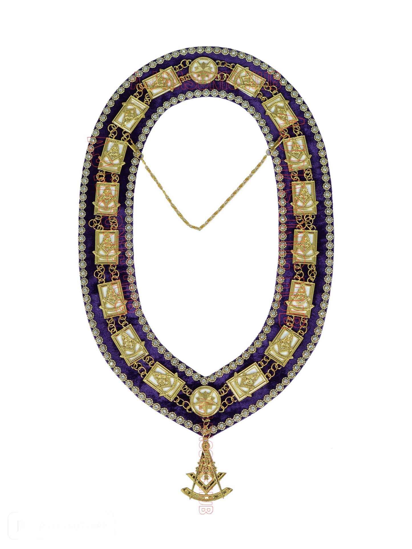 Masonic Past Master Metal Chain Collar –  Purple Velvet Backing – Rhinestone Trim – Attached Metal Jewel – White Lining – FREE Jewel