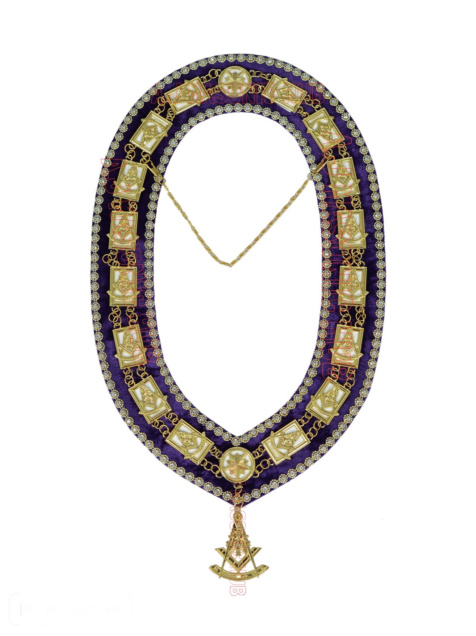 Masonic Past Master Metal Chain Collar –  Purple Velvet Backing – Rhinestone Trim – Attached Metal Jewel – White Lining – FREE Jewel