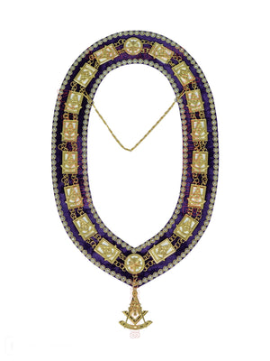 Masonic Past Master Metal Chain Collar –  Purple Velvet Backing – Rhinestone Trim – Attached Metal Jewel – White Lining – FREE Jewel Masonic Hub