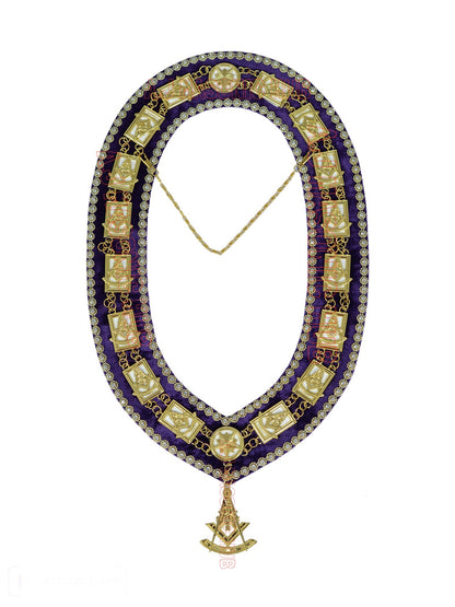 Masonic Past Master Metal Chain Collar –  Purple Velvet Backing – Rhinestone Trim – Attached Metal Jewel – White Lining – FREE Jewel