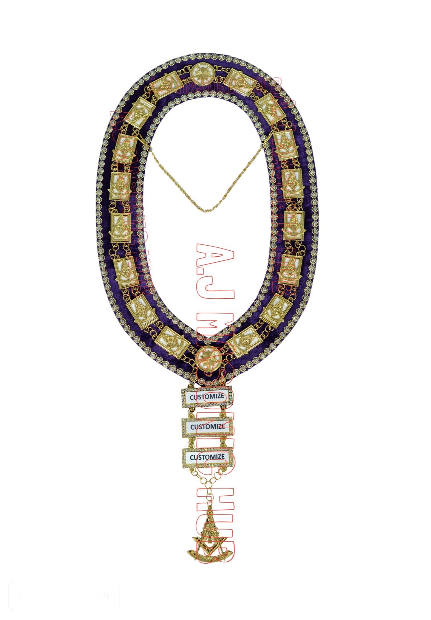 Past Master Masonic Chain Collar with Rhinestone Gold Bars – Gold Plated, Rhinestone Trim, Attached Jewels (White Sheet Backing)