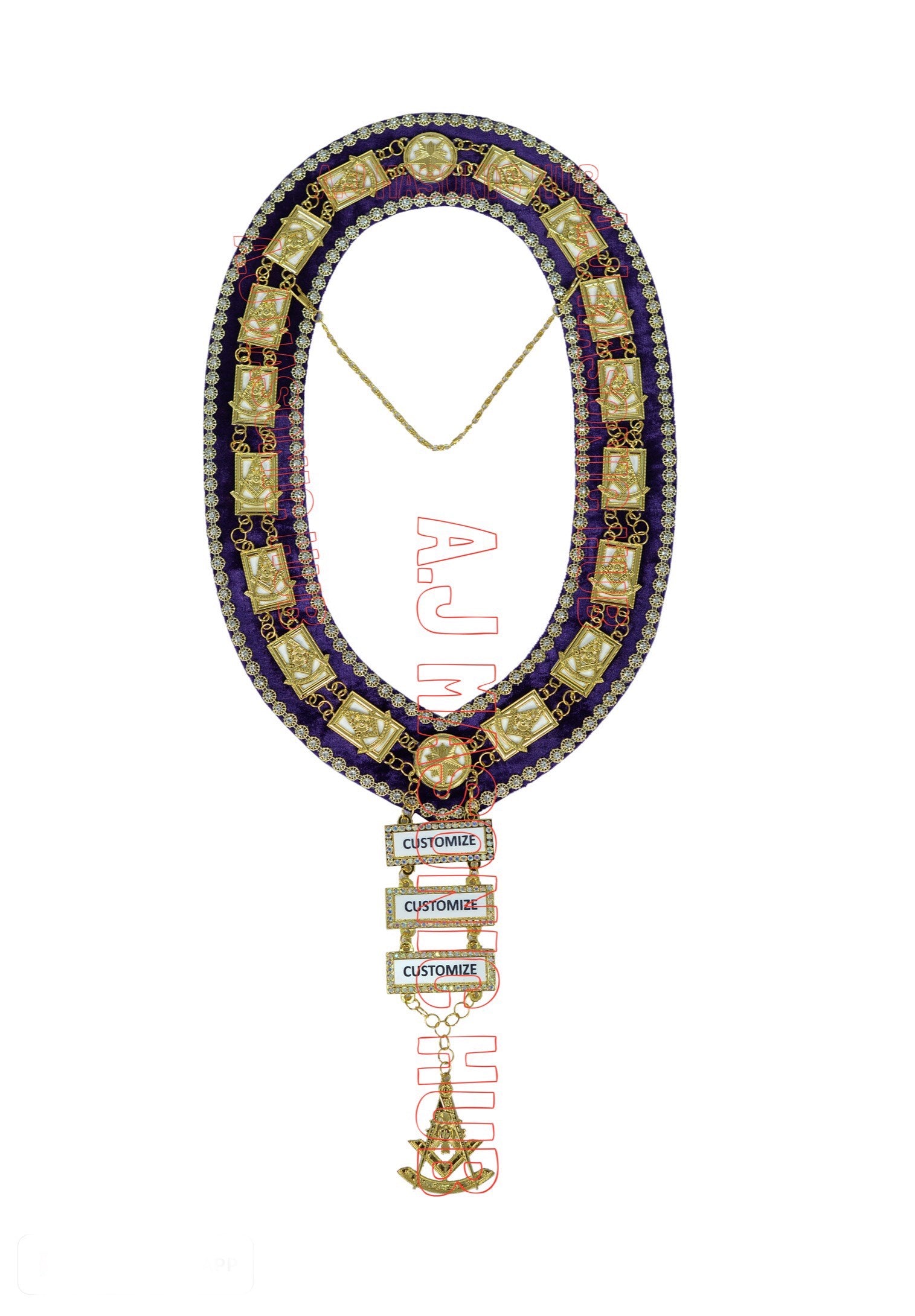 Past Master Masonic Chain Collar with Rhinestone Gold Bars – Gold Plated, Rhinestone Trim, Attached Jewels (White Sheet Backing)