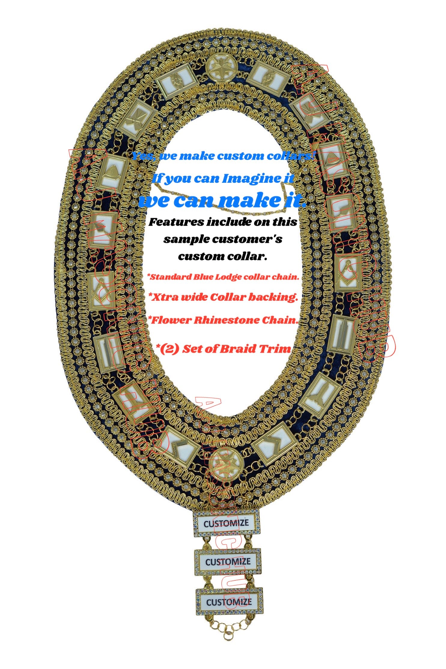 Masonic Blue Lodge 3-Ring Chain Collar with Working Tools Emblems – Blue Velvet Backing + Rhinestone Name Bars