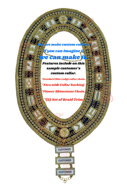 Masonic Blue Lodge 3-Ring Chain Collar with Working Tools Emblems – Blue Velvet Backing + Rhinestone Name Bars