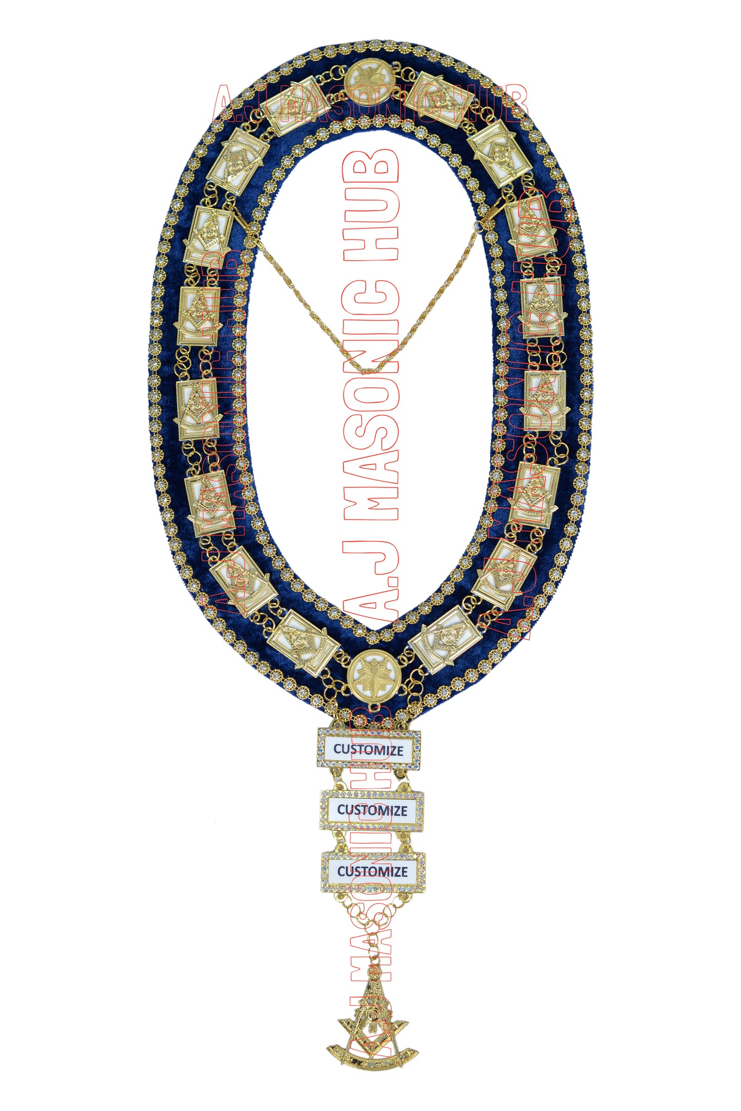 Past Master Masonic Chain Collar Blue Velvet with Rhinestone Gold Bars – Gold Plated, Rhinestone Trim, Attached Jewels (White Sheet Backing)