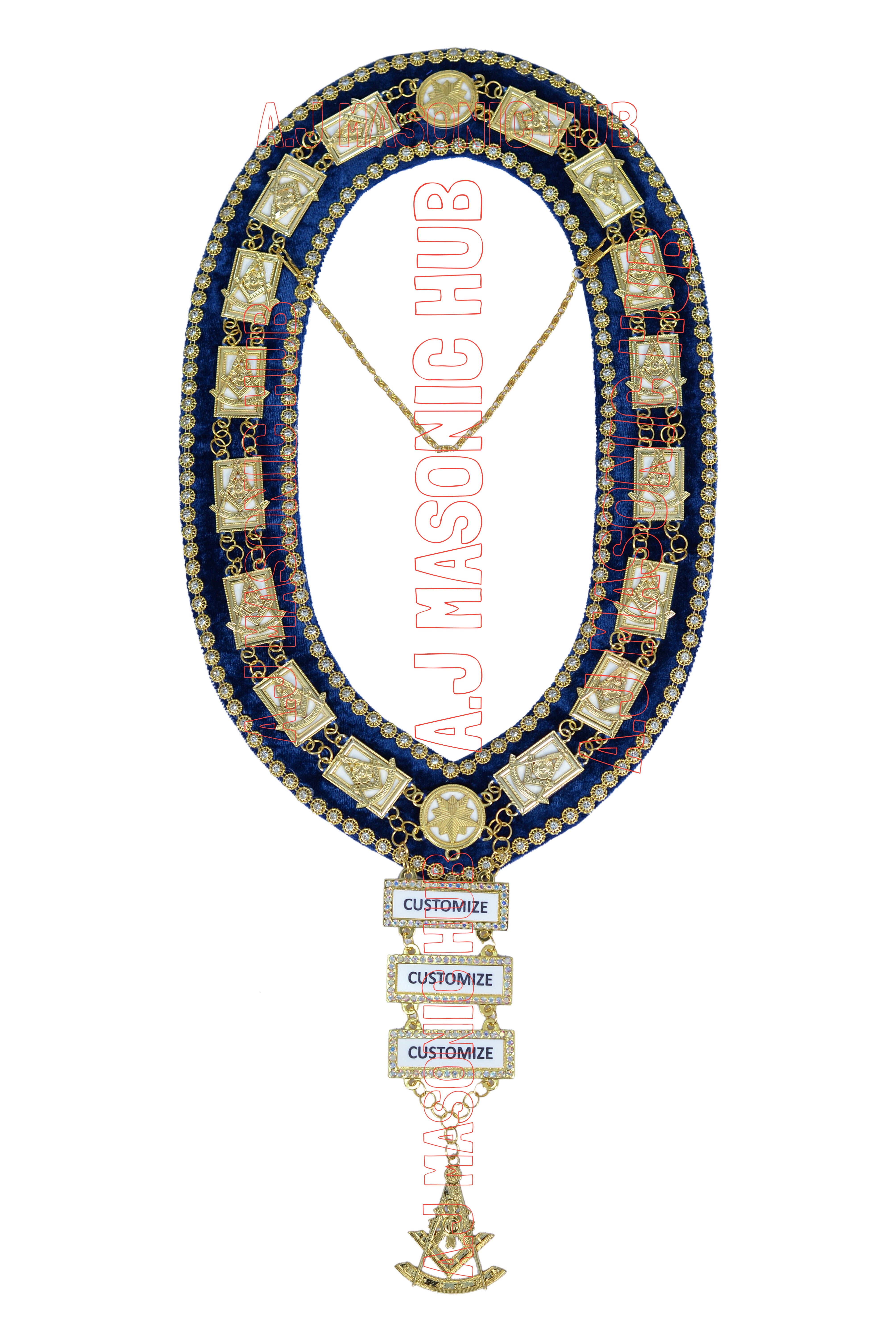 Past Master Masonic Chain Collar Blue Velvet with Rhinestone Gold Bars – Gold Plated, Rhinestone Trim, Attached Jewels (White Sheet Backing)