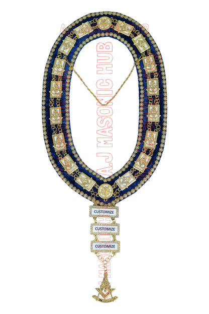 Past Master Masonic Chain Collar Blue Velvet with Rhinestone Gold Bars – Gold Plated, Rhinestone Trim, Attached Jewels (White Sheet Backing)