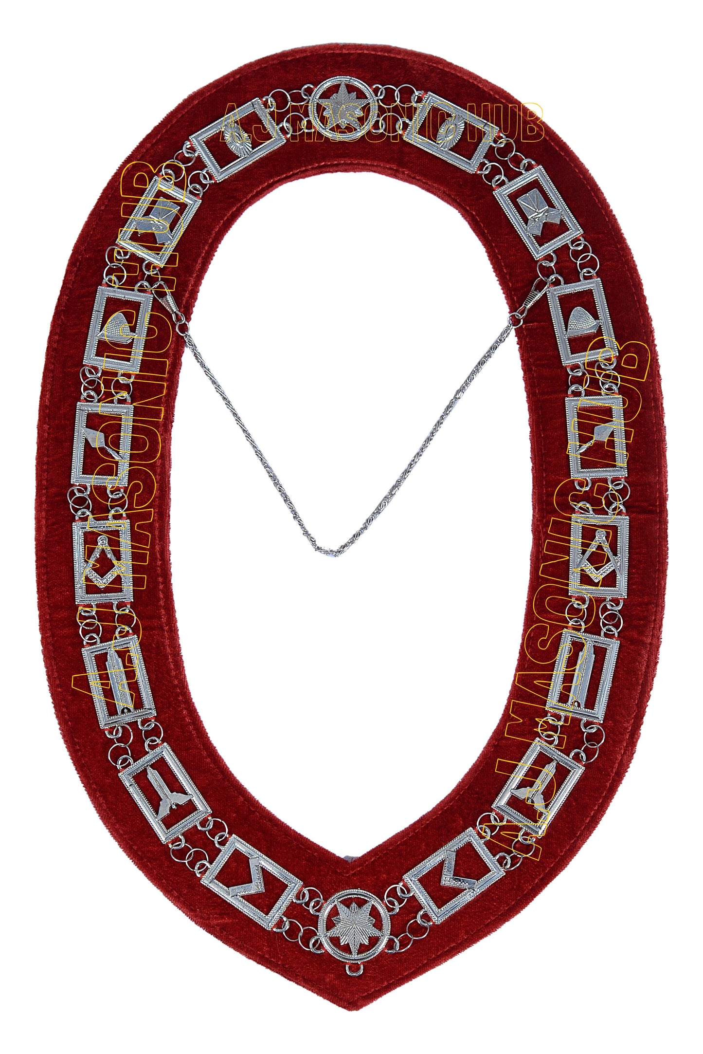 Blue Lodge Working Tools Chain Collar Silver Plated – Red Velvet Backing | Choose Your Jewel (Masonic Regalia)