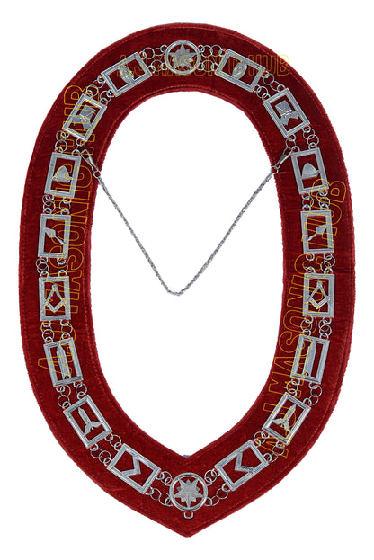 Blue Lodge Working Tools Chain Collar Silver Plated – Red Velvet Backing | Choose Your Jewel (Masonic Regalia)