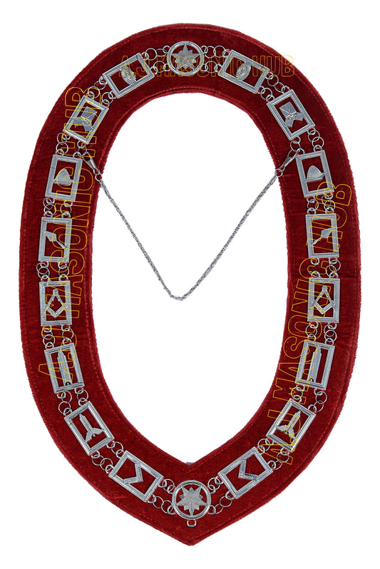Blue Lodge Working Tools Chain Collar Silver Plated – Red Velvet Backing | Choose Your Jewel (Masonic Regalia)