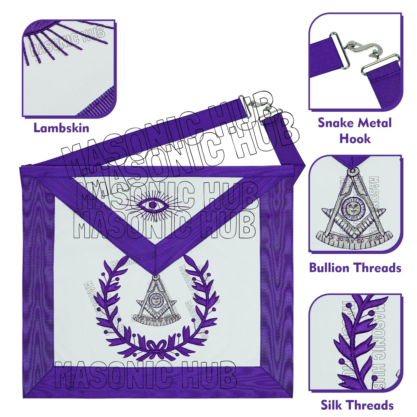 Regal Craftsmanship – Masonic Past Master Lambskin Apron with Elegant Purple Embroidery