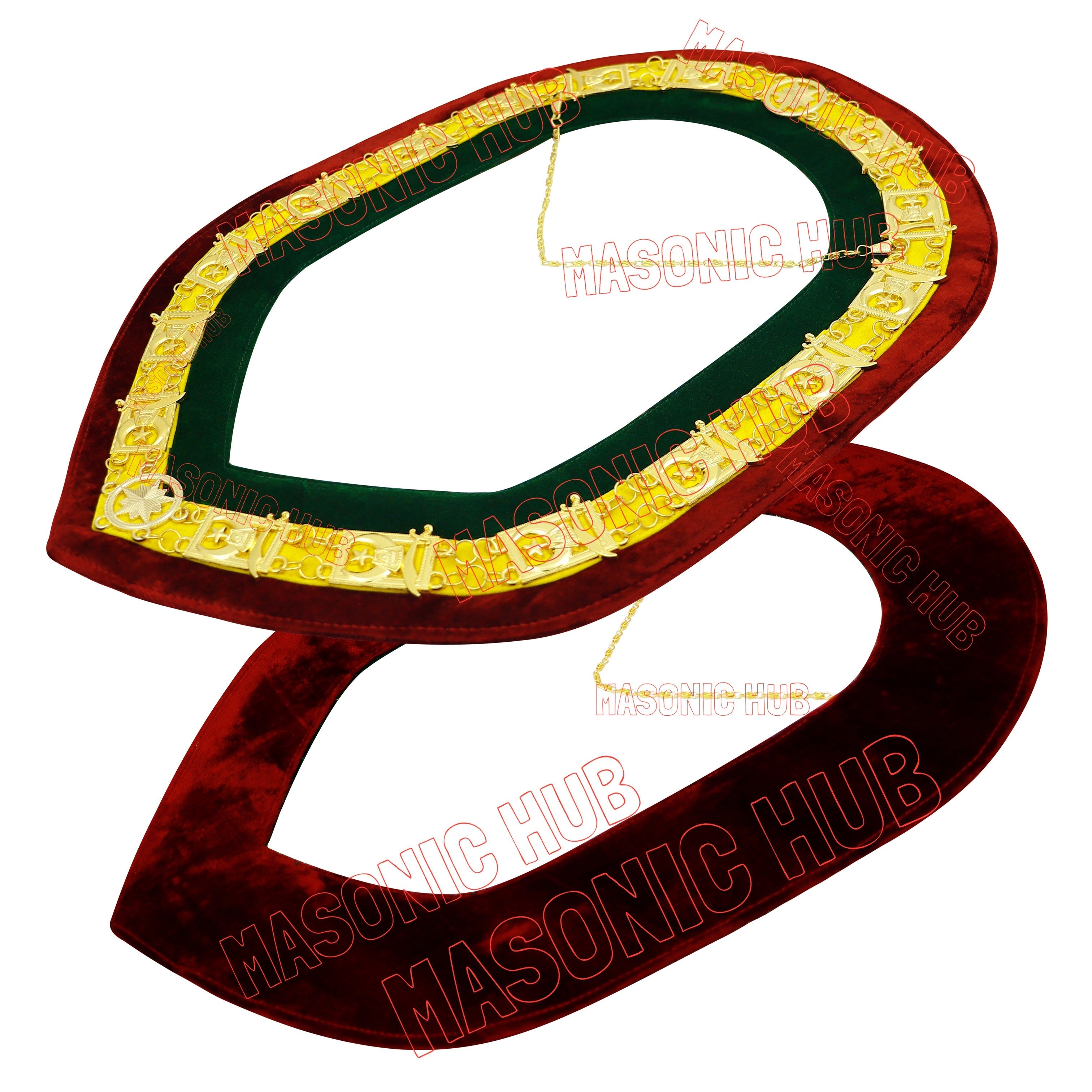 Regalia Masonic Shriner Tri-Color Deluxe Chain Collar in Red, Green, and Yellow Masonic Hub