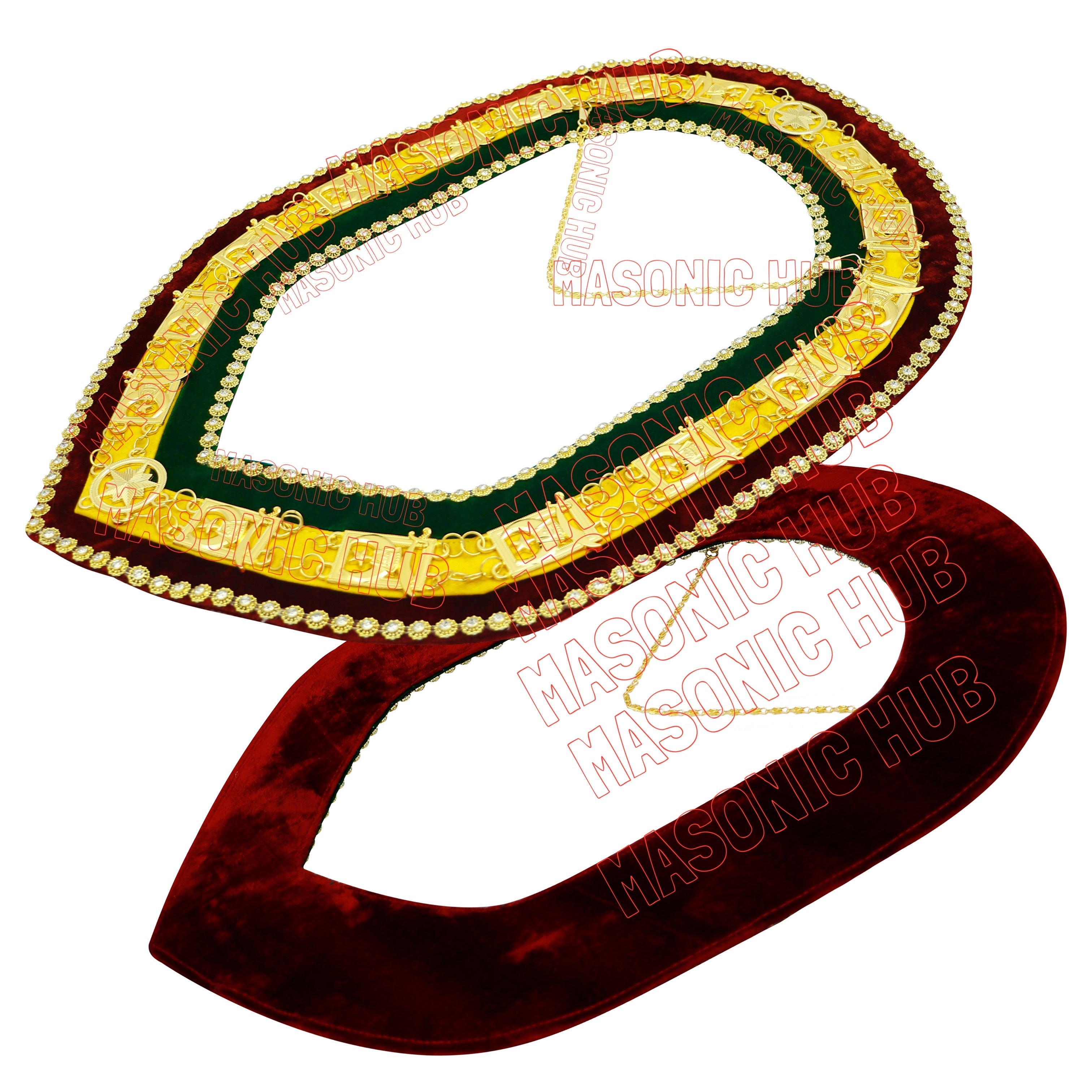 Masonic Shriner Tri-Color Deluxe Chain Collar in Red Green & Yellow Rhinestones Masonic Hub