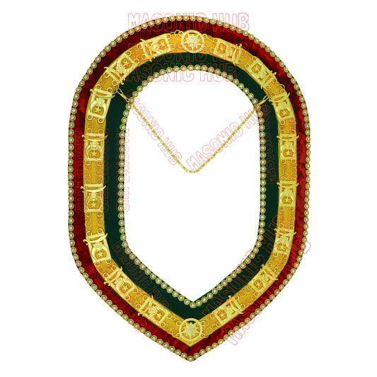 Masonic Shriner Tri-Color Deluxe Chain Collar in Red Green & Yellow Rhinestones