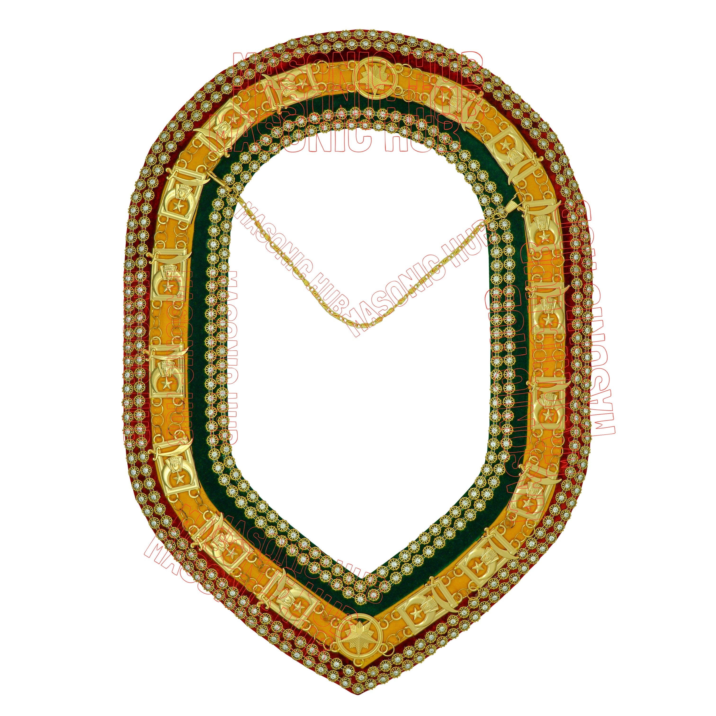 Shriner Tri-Color Chain Collar in Red Green & Yellow Double Row Rhinestones Masonic Hub
