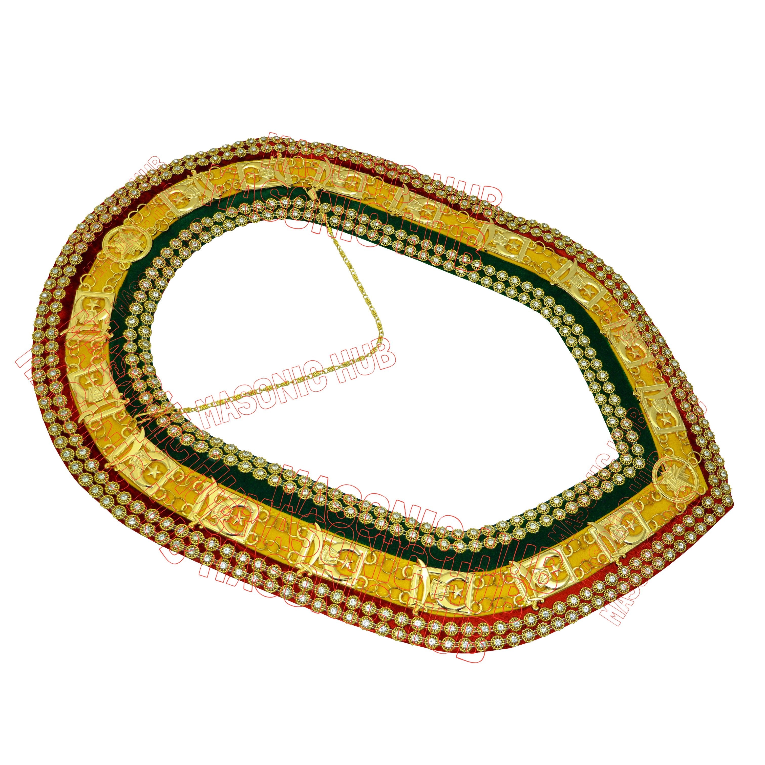 Shriner Tri-Color Chain Collar in Red Green & Yellow Double Row Rhinestones Masonic Hub