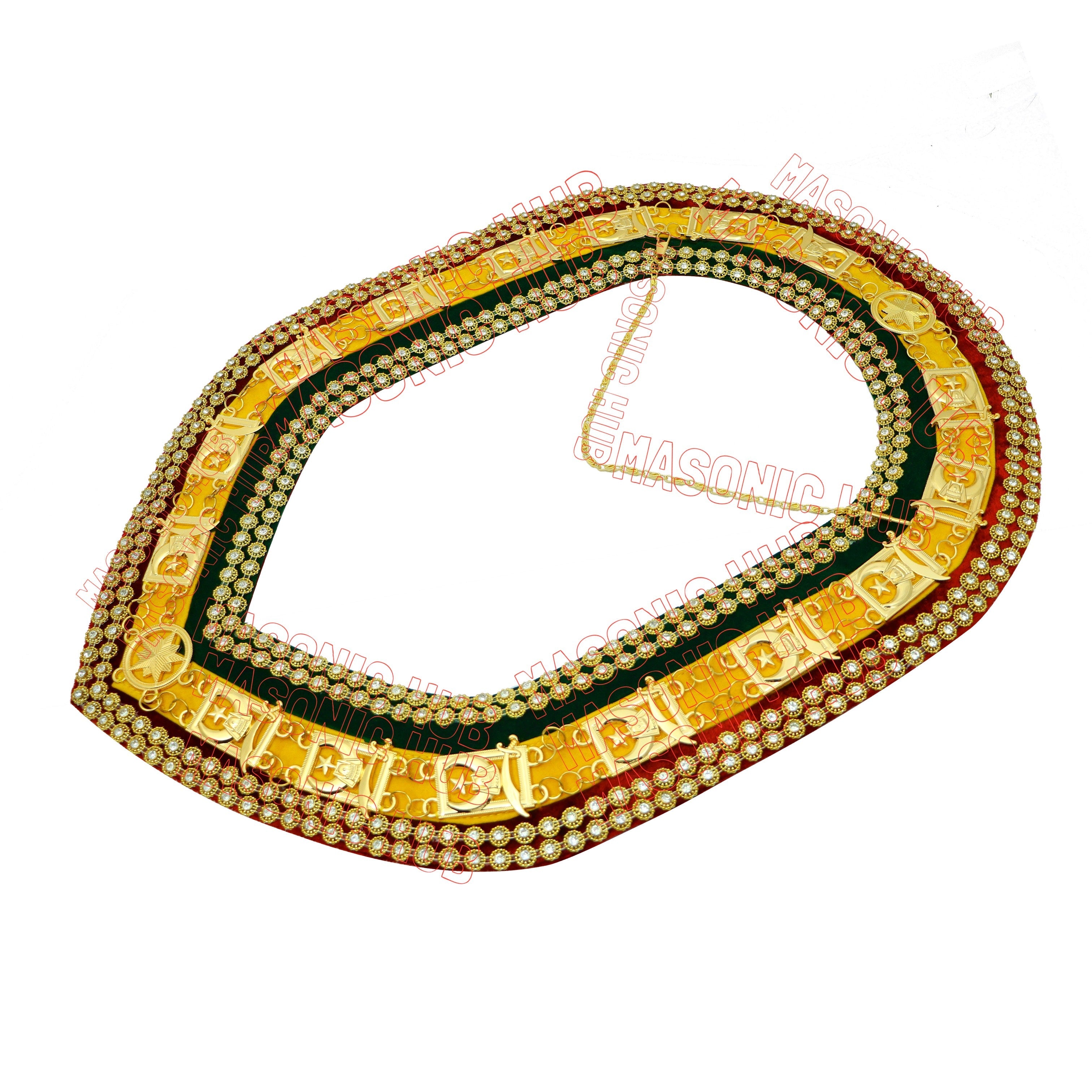 Shriner Tri-Color Chain Collar in Red Green & Yellow Double Row Rhinestones Masonic Hub