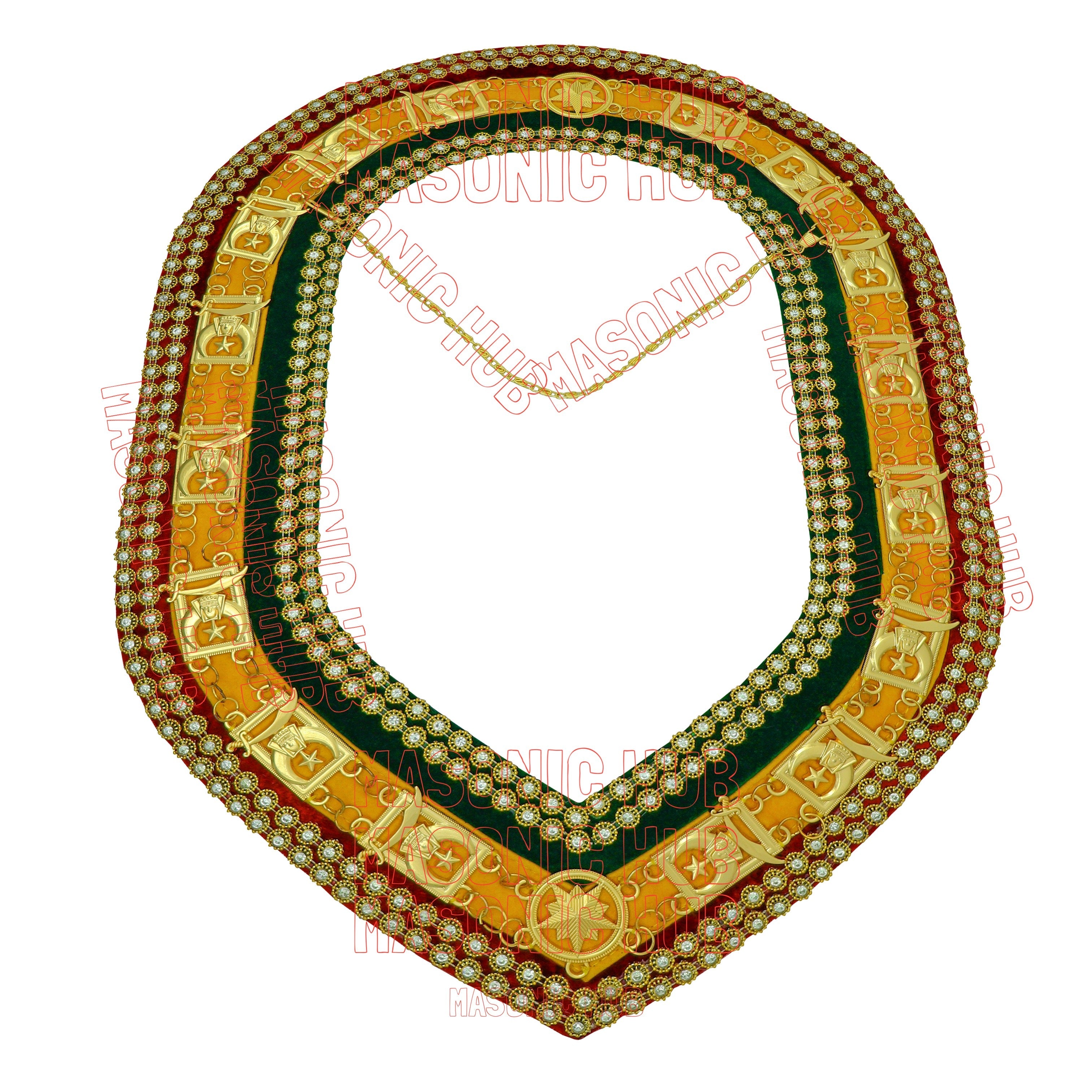 Shriner Tri-Color Chain Collar in Red Green & Yellow Double Row Rhinestones Masonic Hub