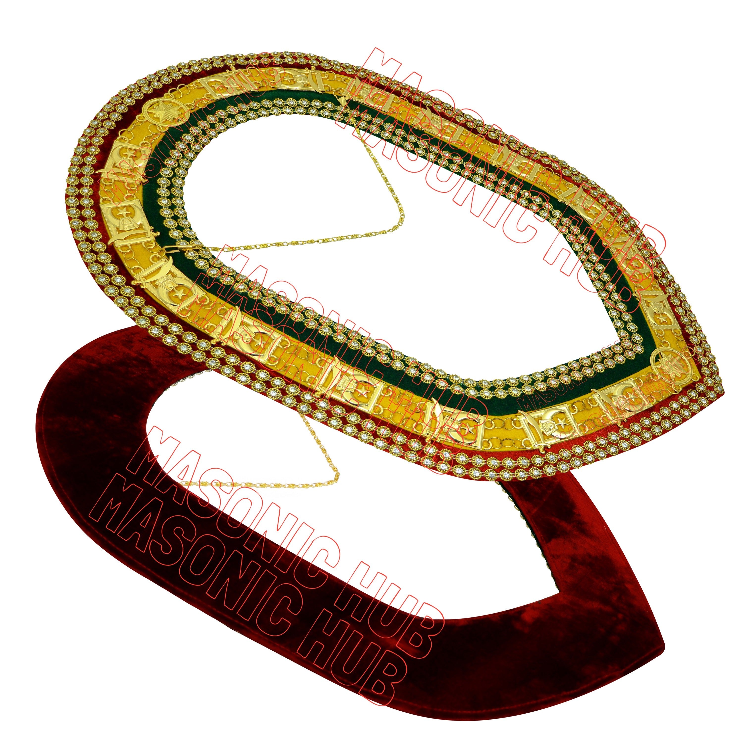 Shriner Tri-Color Chain Collar in Red Green & Yellow Double Row Rhinestones Masonic Hub