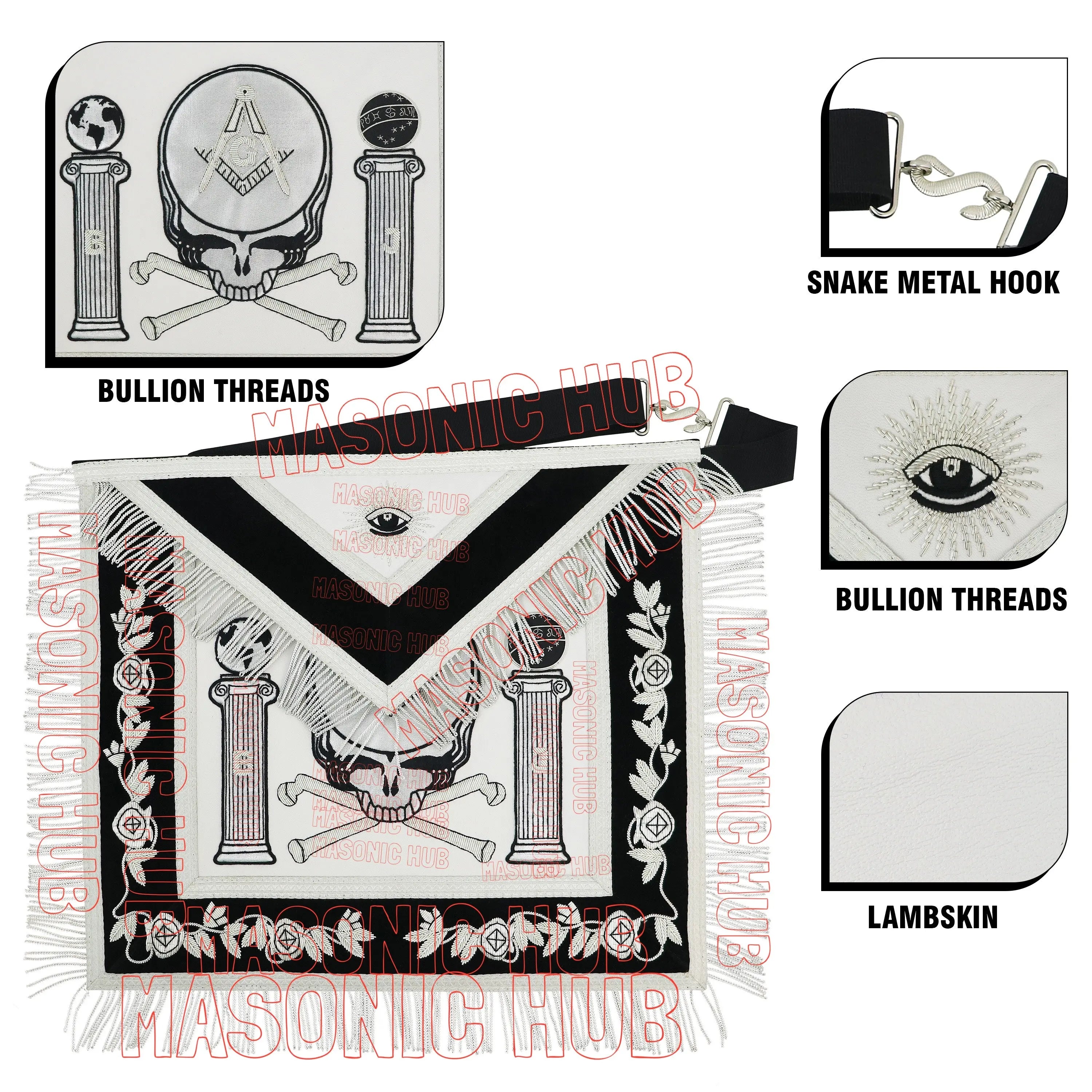 MASONIC HUB Master Mason Skull &amp; Cross Bones 100% Lambskin Masonic Apron - Handcrafted Masonic Hub
