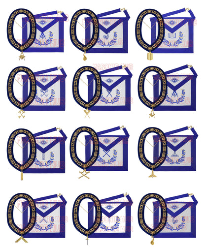 Masonic Regalia Blue Lodge Officer Aprons &amp; Chain Collars with Jewels – Set of 12