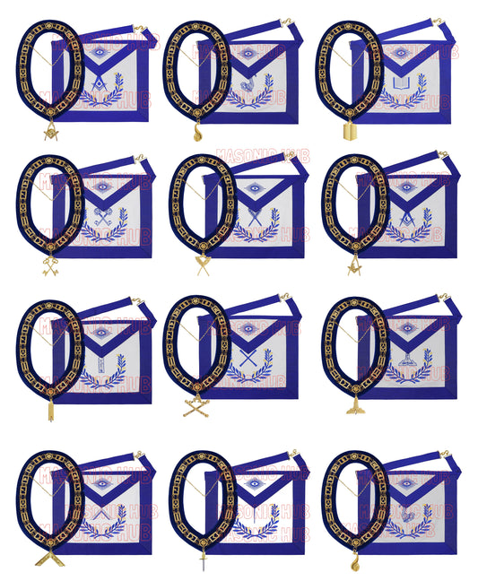Masonic Regalia Blue Lodge Officer Aprons &amp; Chain Collars with Jewels – Set of 12