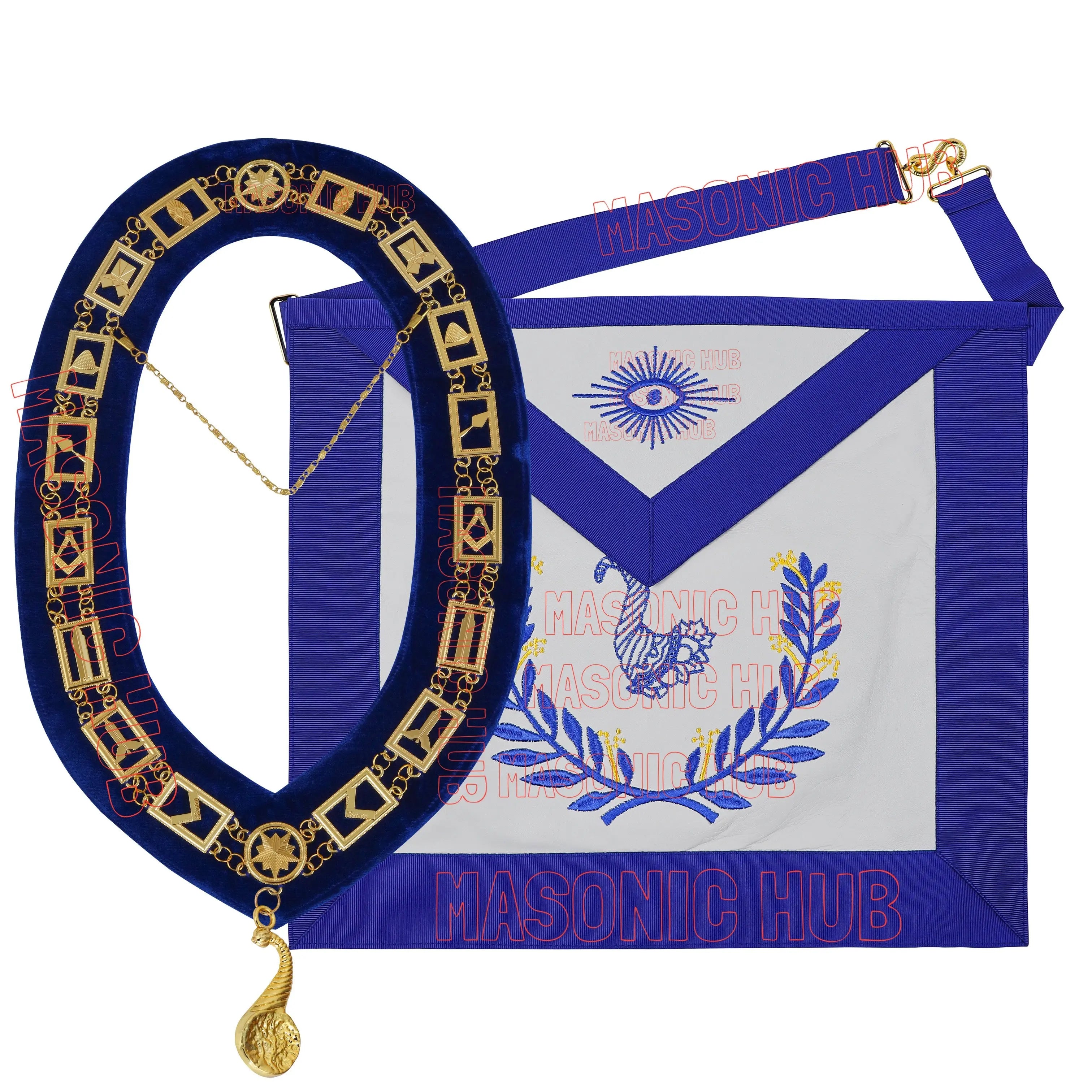 Masonic Regalia Blue Lodge Jr. Steward Apron &amp; Chain Collar with Jewel Masonic Hub