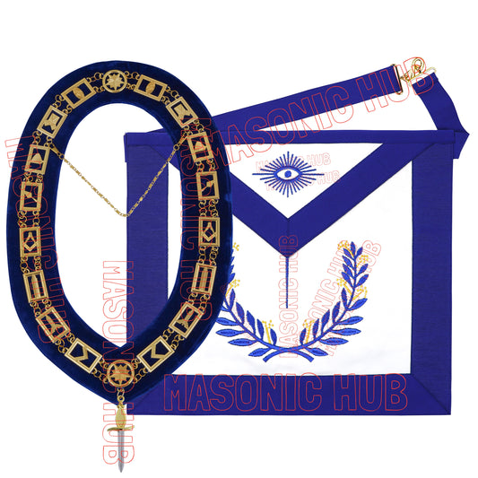Masonic Regalia Blue Lodge Officer TYLER Apron &amp; Chain Collar with Jewel