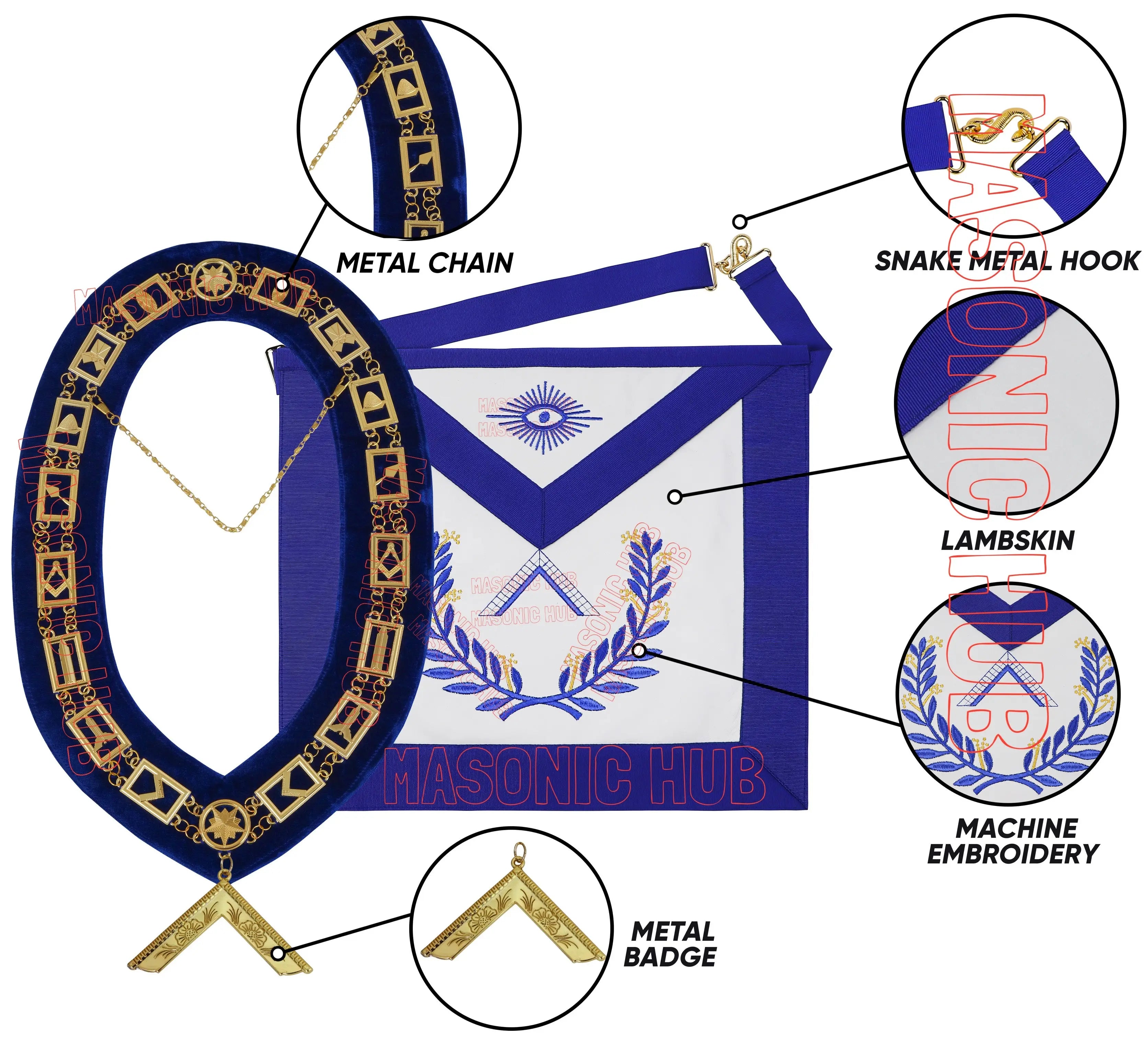 Masonic Regalia Blue Lodge Worshipful Master Apron & Chain Collar with Jewel Masonic Hub
