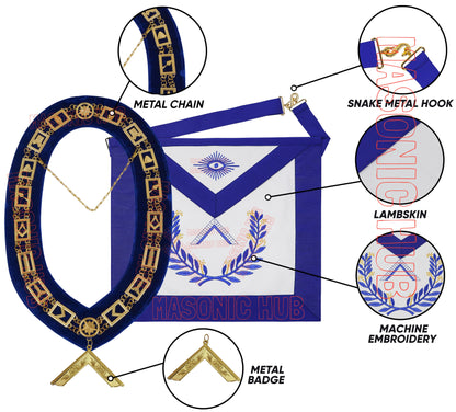 Masonic Regalia Blue Lodge Worshipful Master Apron & Chain Collar with Jewel