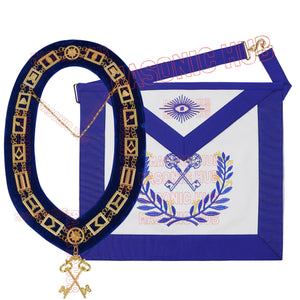 Masonic Regalia Blue Lodge Treasurer Apron &amp; Chain Collar with Jewel Masonic Hub