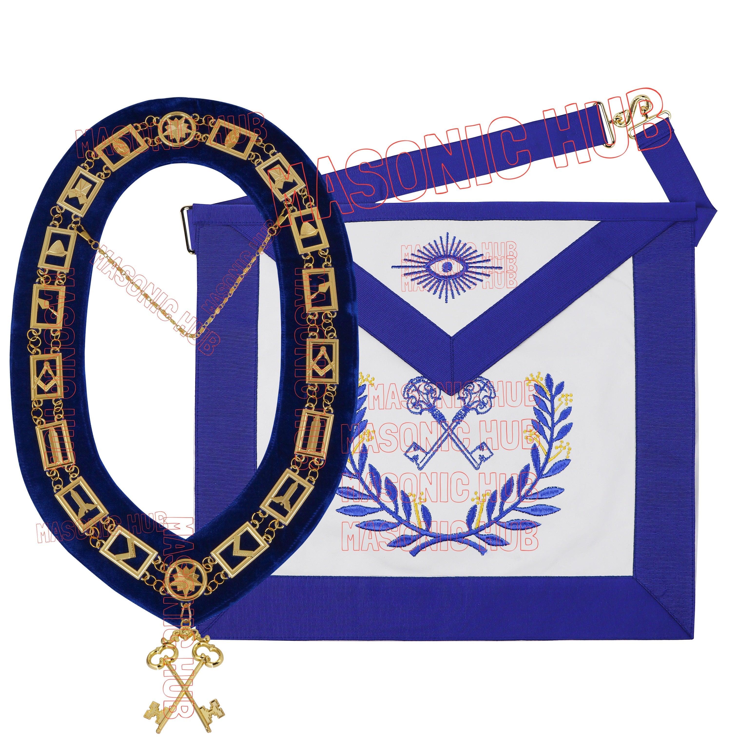 Masonic Regalia Blue Lodge Treasurer Apron &amp; Chain Collar with Jewel