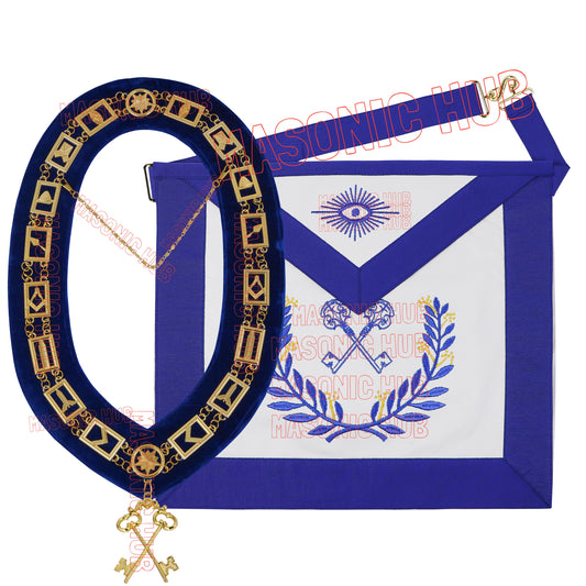Masonic Regalia Blue Lodge Treasurer Apron &amp; Chain Collar with Jewel