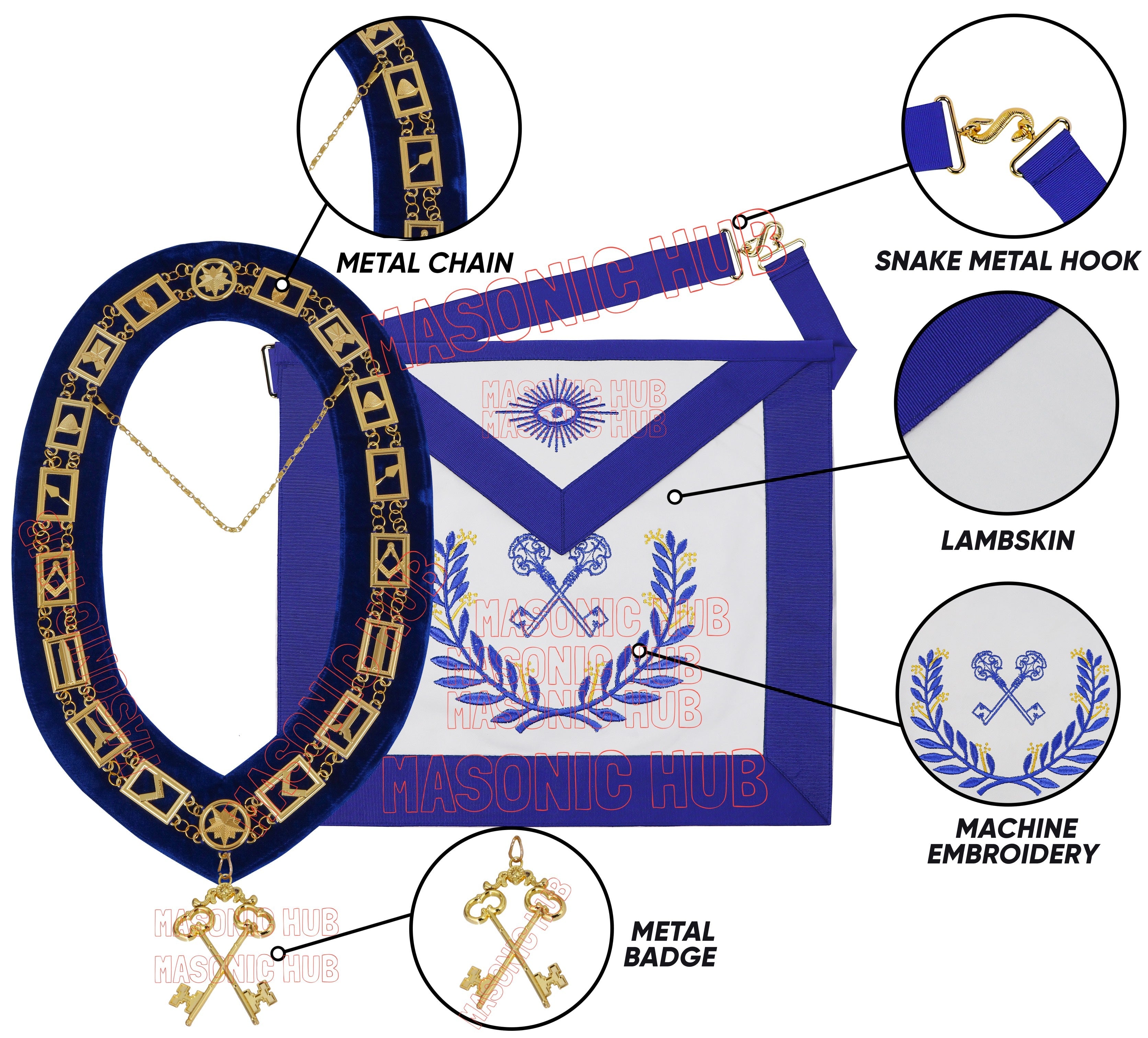 Masonic Regalia Blue Lodge Treasurer Apron &amp; Chain Collar with Jewel Masonic Hub
