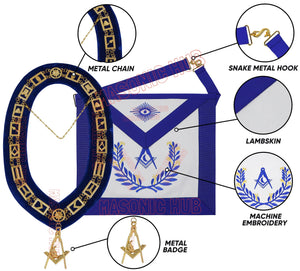 Masonic Regalia Blue Lodge Jr. Deacon Apron &amp; Chain Collar with Jewel Masonic Hub