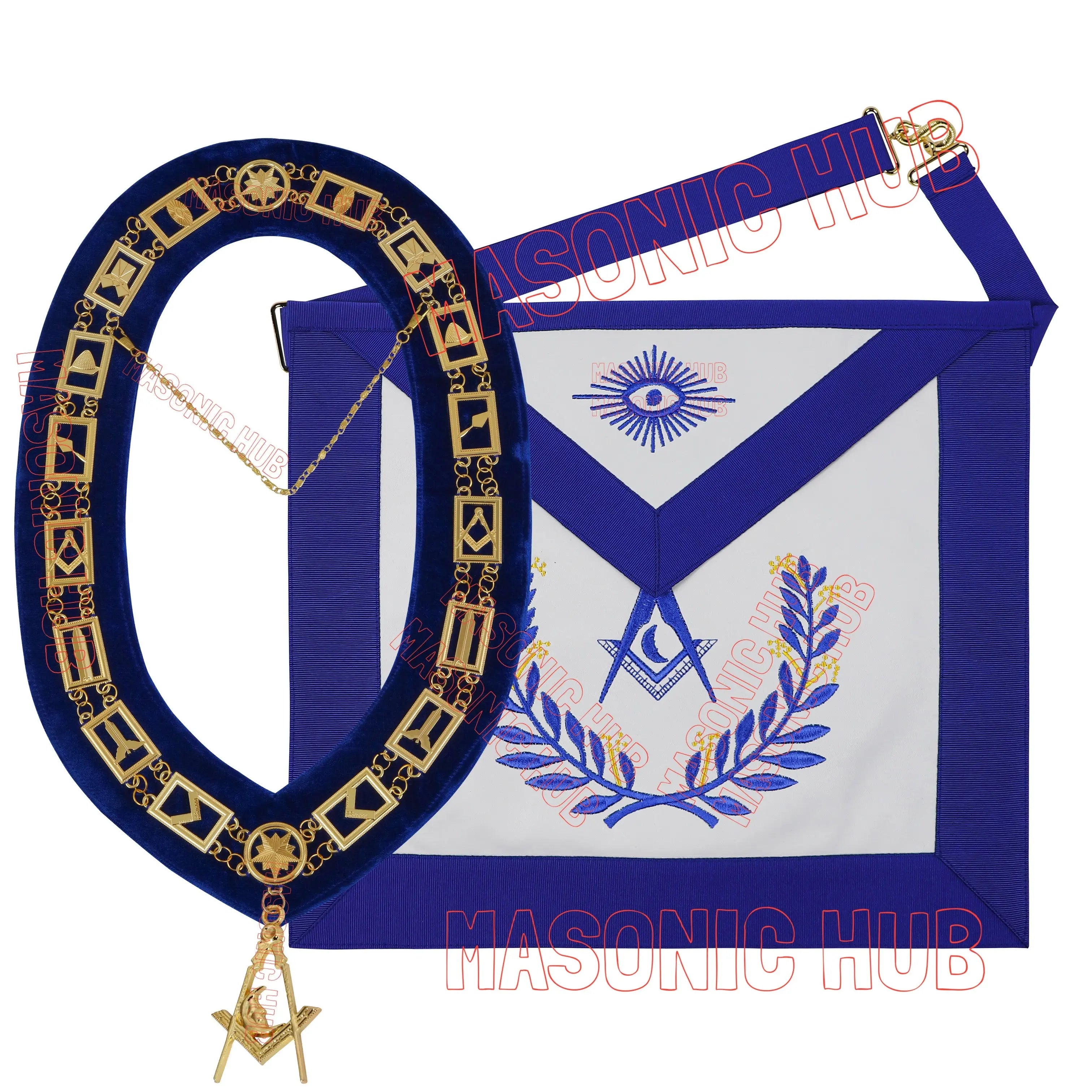 Masonic Regalia Blue Lodge Jr. Deacon Apron &amp; Chain Collar with Jewel Masonic Hub