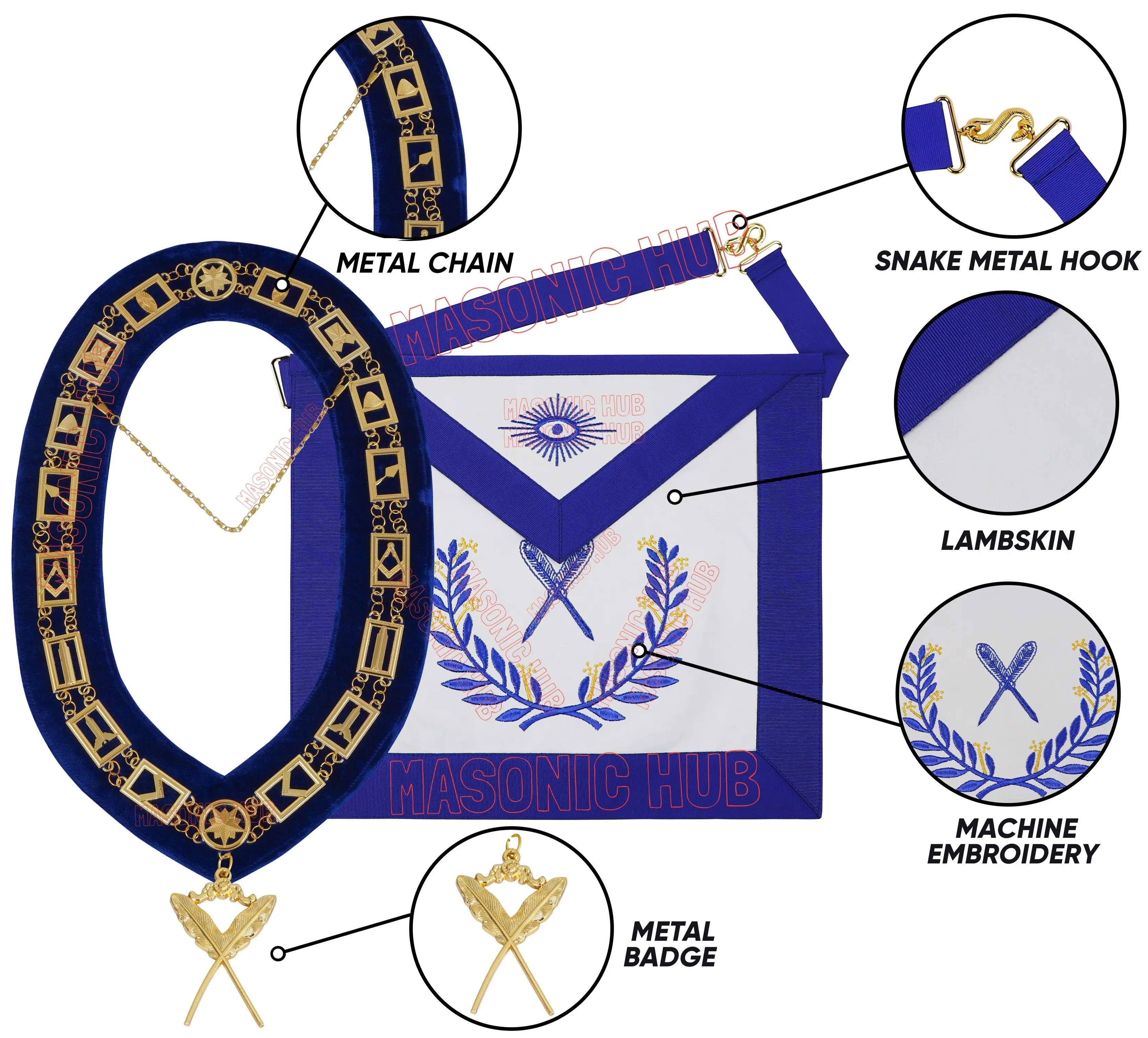 Masonic Regalia Blue Lodge Secretary Apron & Chain Collar with Jewel Masonic Hub