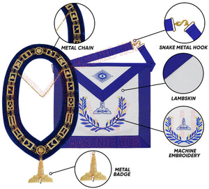 Masonic Regalia Blue Lodge Senior Warden Apron & Chain Collar with Jewel Masonic Hub