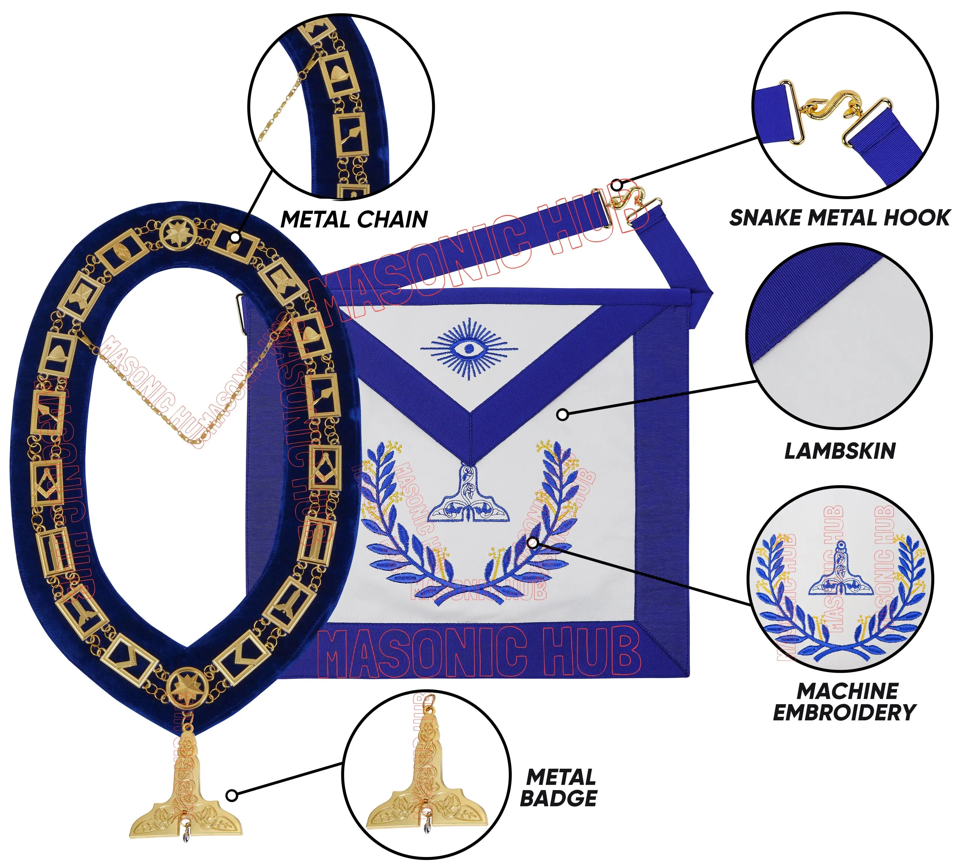 Masonic Regalia Blue Lodge Senior Warden Apron & Chain Collar with Jewel Masonic Hub