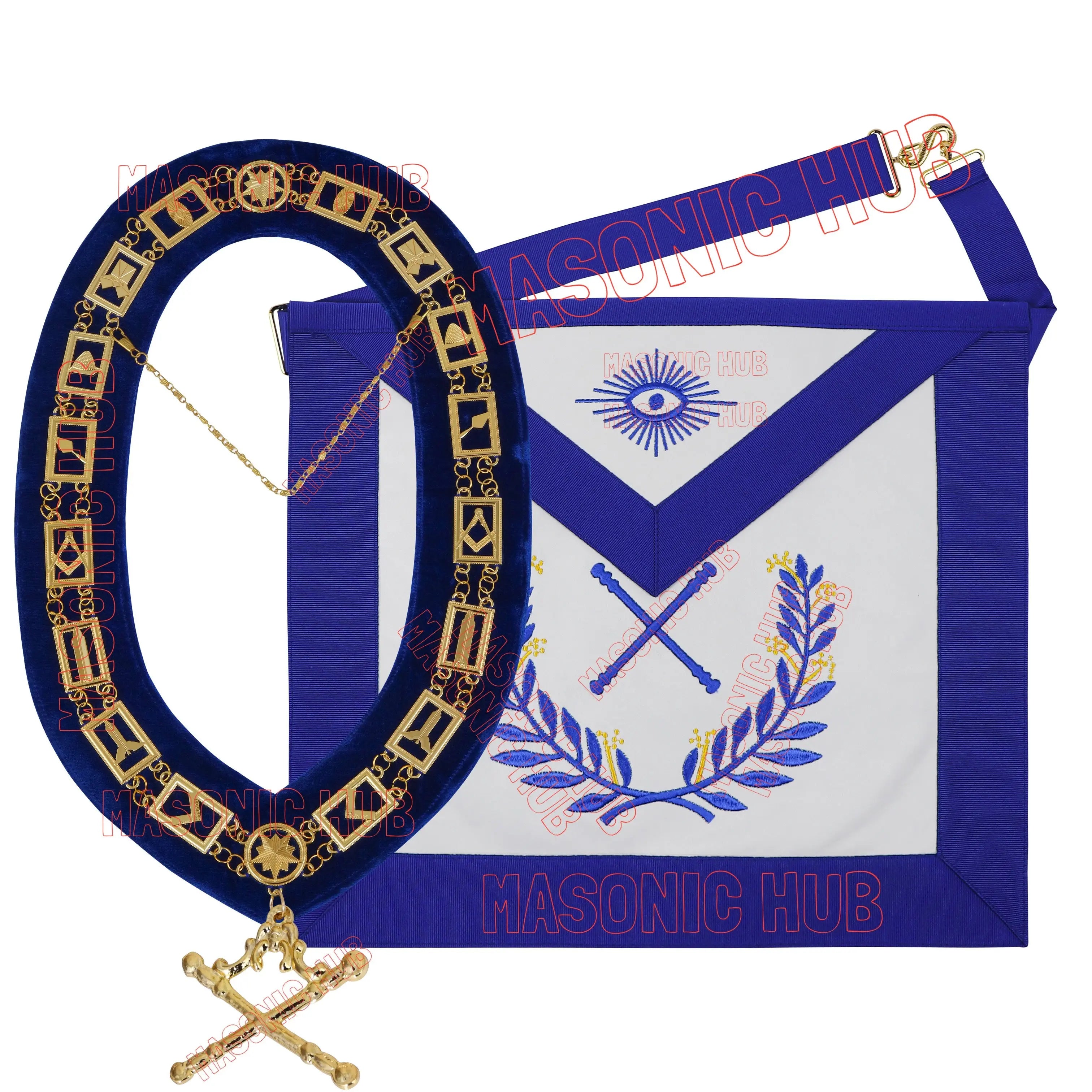 Masonic Regalia Blue Lodge Marshal Apron & Chain Collar with Jewel Masonic Hub