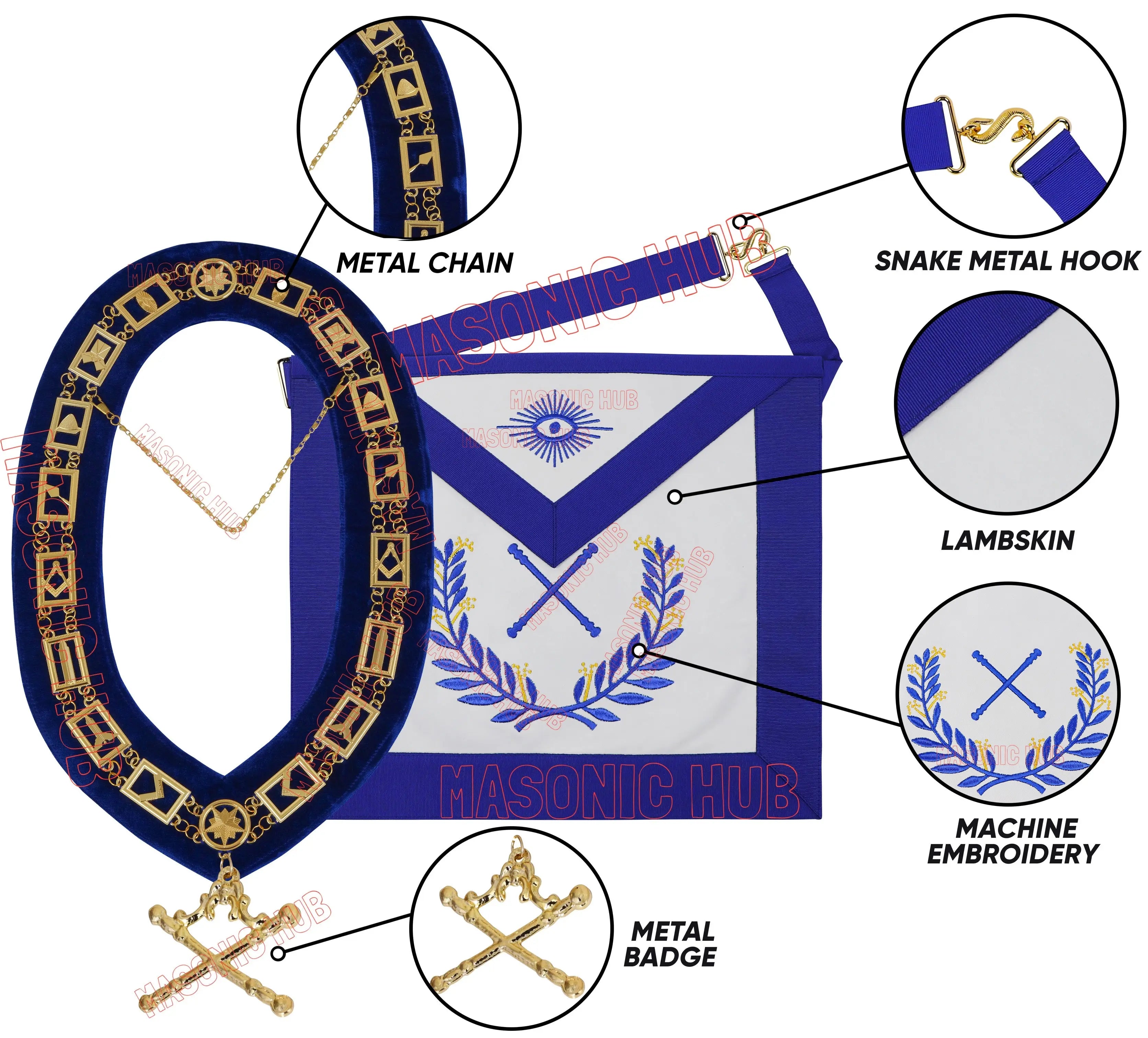 Masonic Regalia Blue Lodge Marshal Apron & Chain Collar with Jewel Masonic Hub