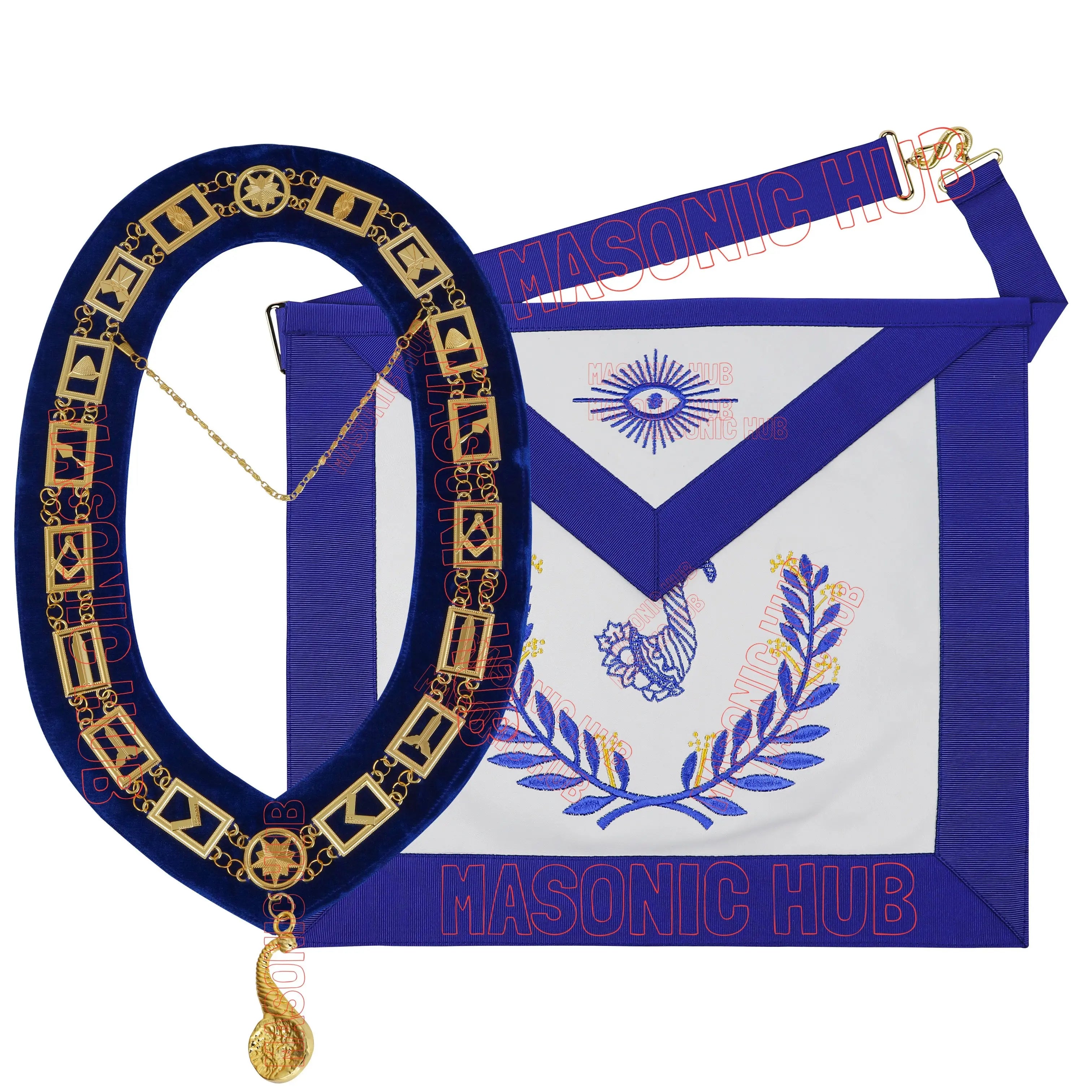 Masonic Regalia Blue Lodge Senior Steward Apron & Chain Collar with Jewel Masonic Hub