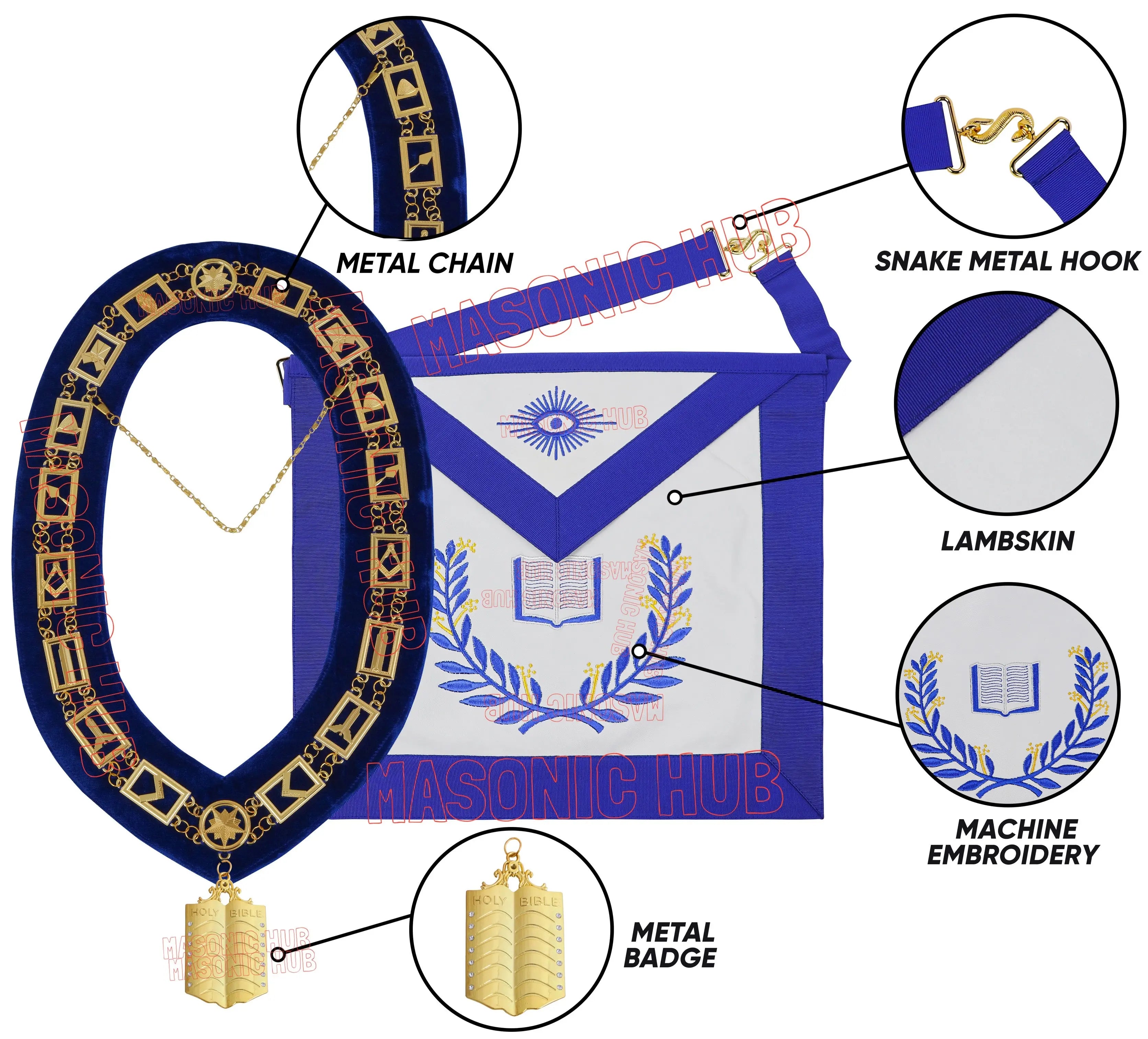 Masonic Regalia Blue Lodge Chaplain Apron & Chain Collar with Free Jewel Masonic Hub
