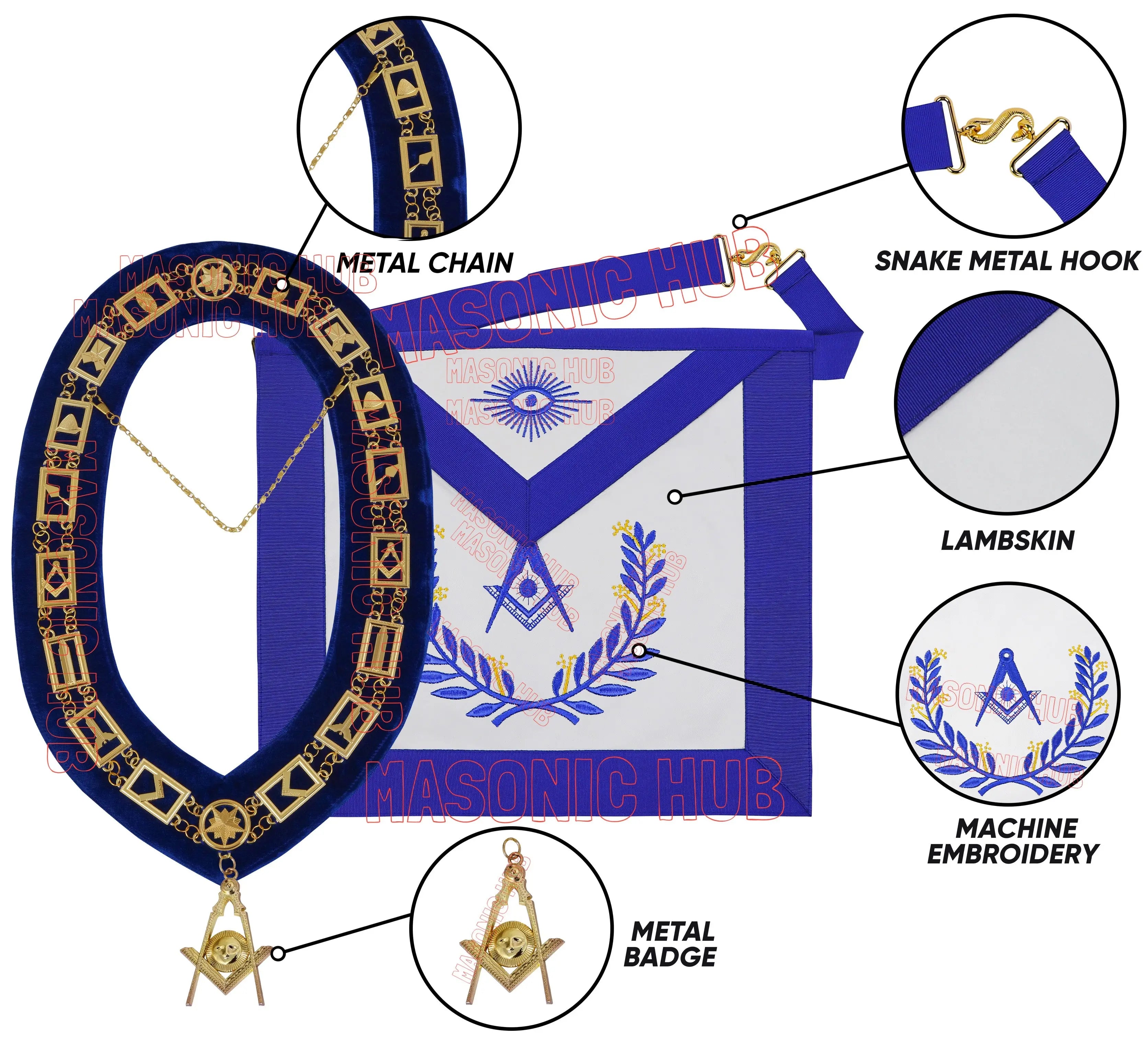 Masonic Regalia Blue Lodge Senior Deacon Apron & Chain Collar with Jewel Masonic Hub