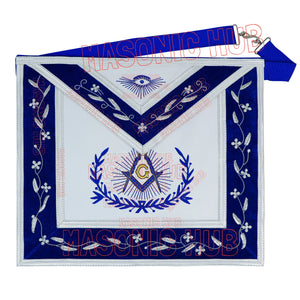 Master Mason Masonic Apron – Hand-Embroidered with Blue &amp; White Border (100% Lambskin) Masonic Hub