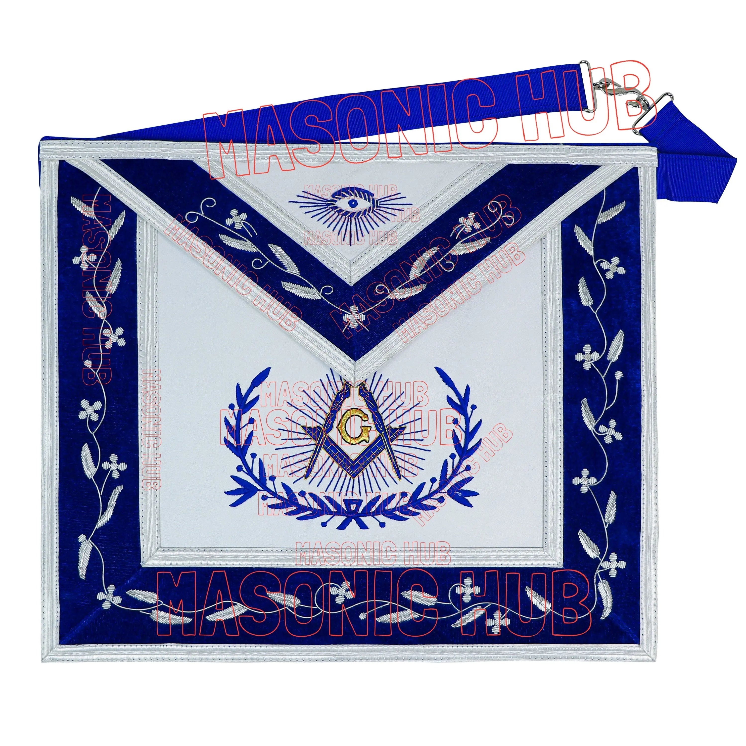 Master Mason Masonic Apron – Hand-Embroidered with Blue &amp; White Border (100% Lambskin) Masonic Hub