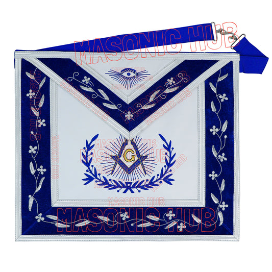 Master Mason Masonic Apron – Hand-Embroidered with Blue &amp; White Border (100% Lambskin)