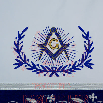Master Mason Masonic Apron – Hand-Embroidered with Blue &amp; White Border (100% Lambskin)